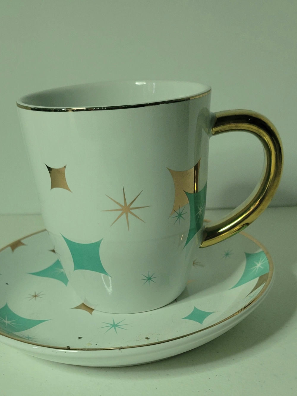 Mid-Century Modern Starburst Ceramic Cup & Saucer - Teal & Gold